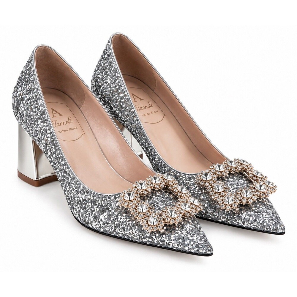Annaili Glitter Embellished Pointed Pumps Sz Us 5.5-6 EU-36 Block Heel Bling EUC